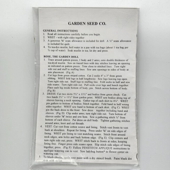 Once Upon A Vine Garden Seed Co Quilt Doll Pattern 1995 Sewing Kraft - Picture 2 of 2